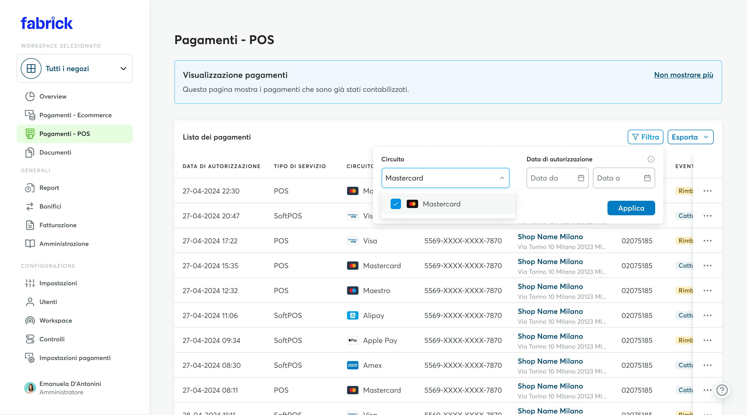 Pagamenti POS: filtro Circuito