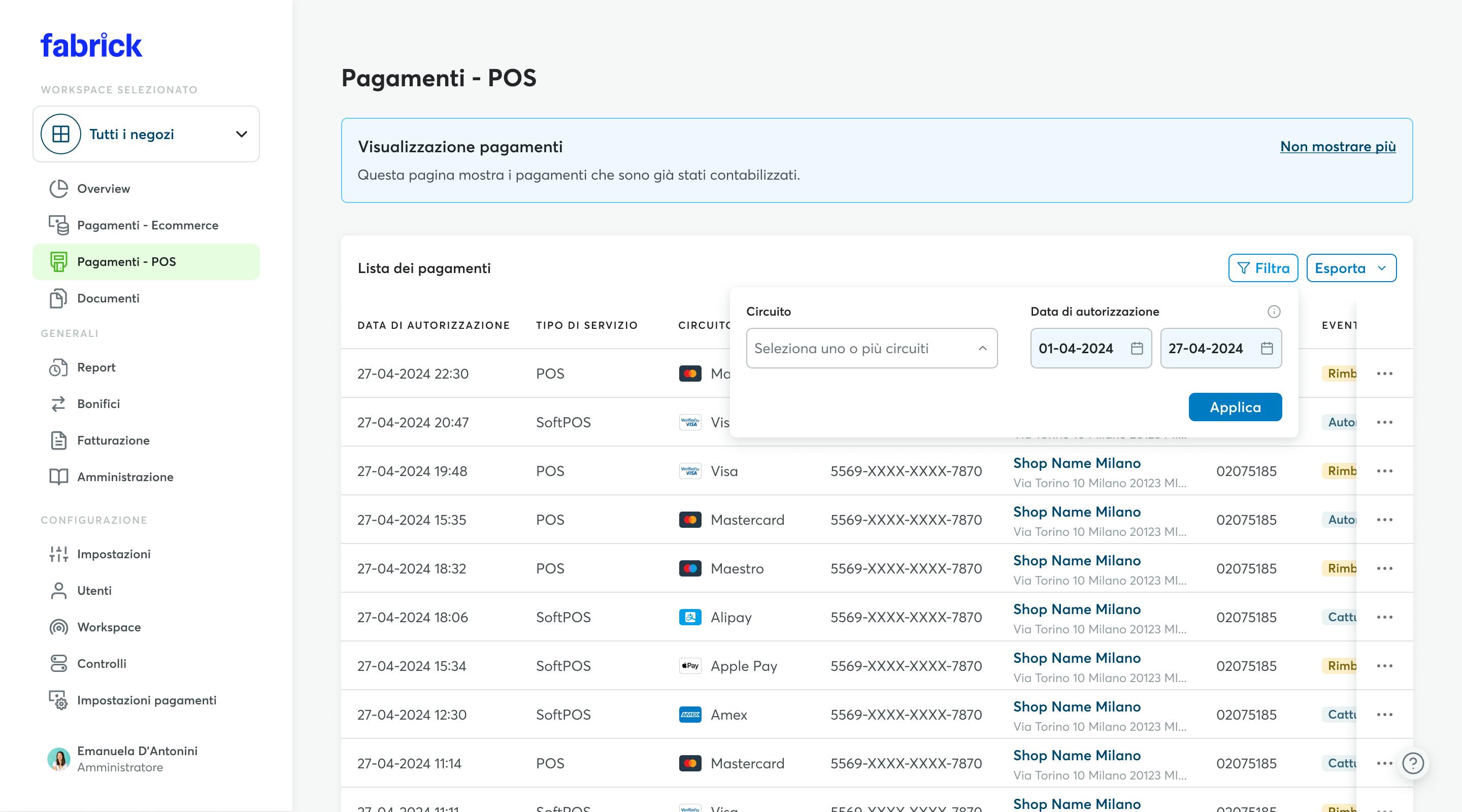 Pagamenti POS: filtro data