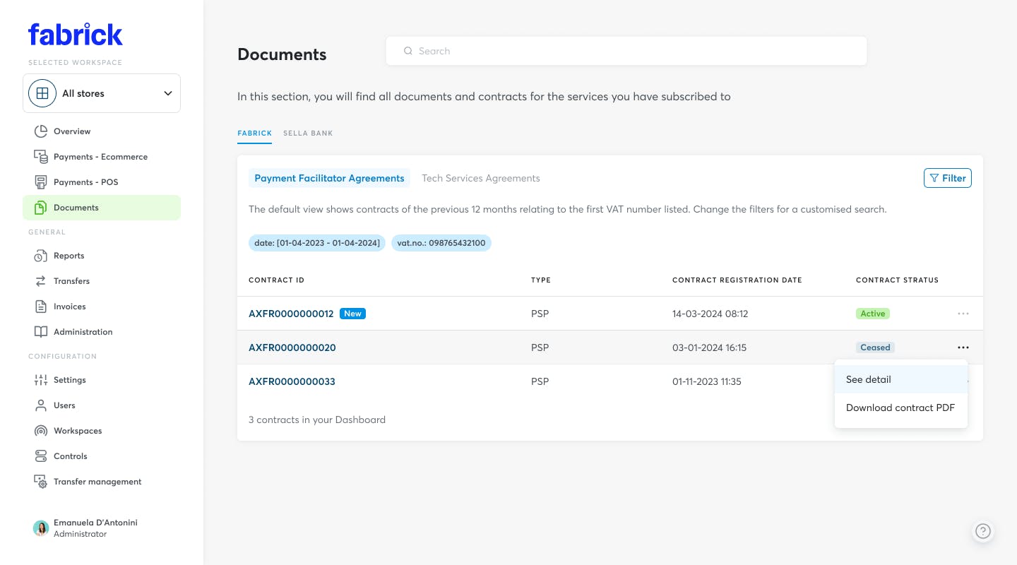 Documents section - Fabrick: access detail