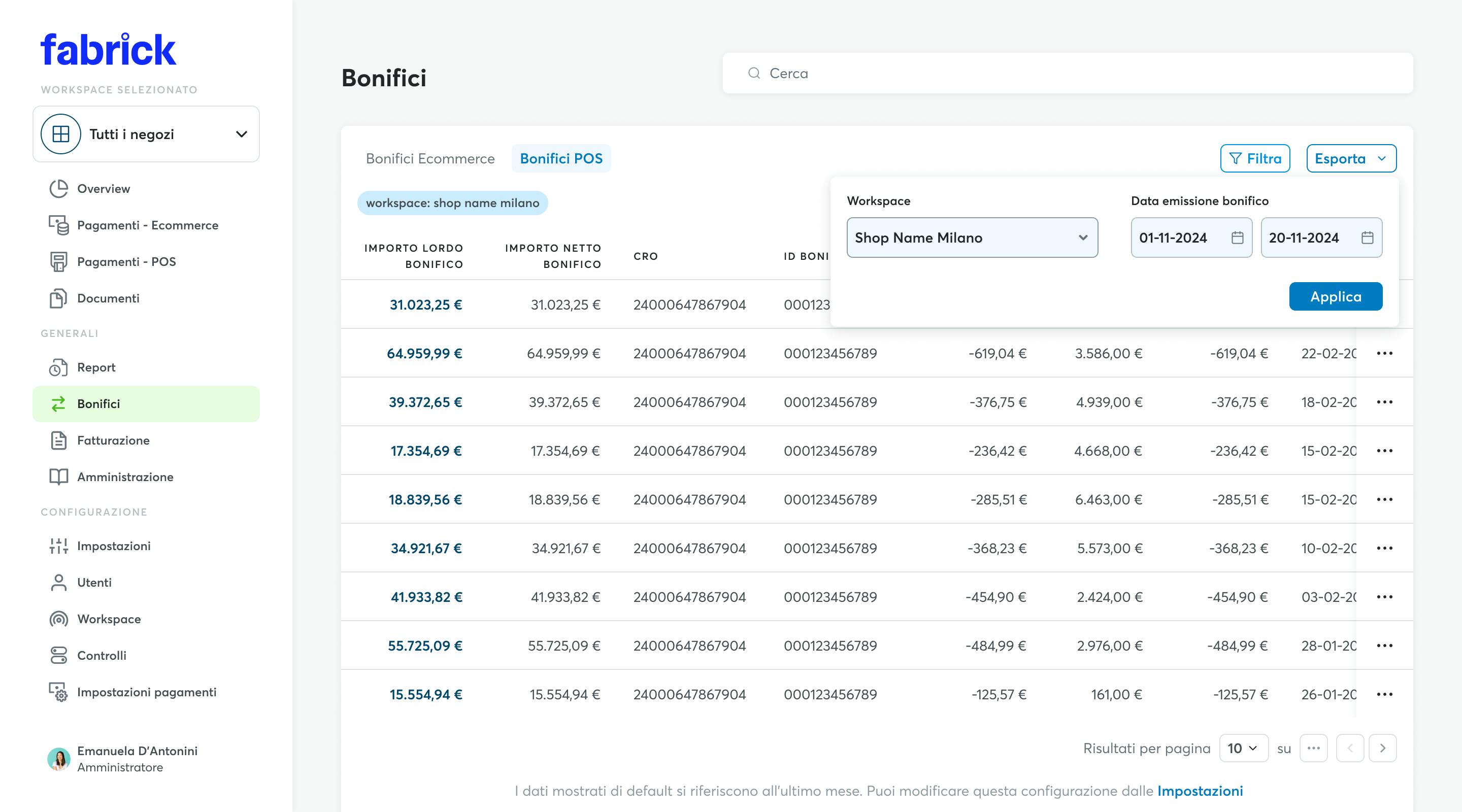 Bonifici POS: filtro data