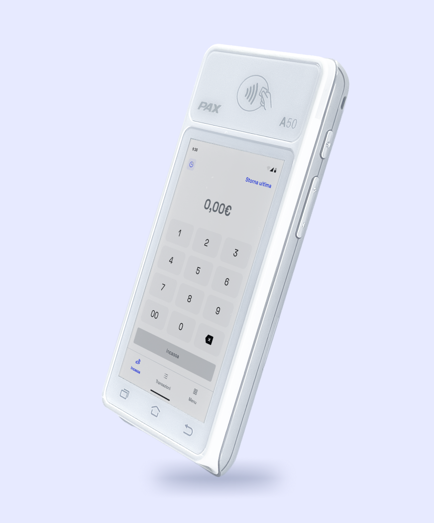 POS PAX A50 con vista della schermata di pagamento