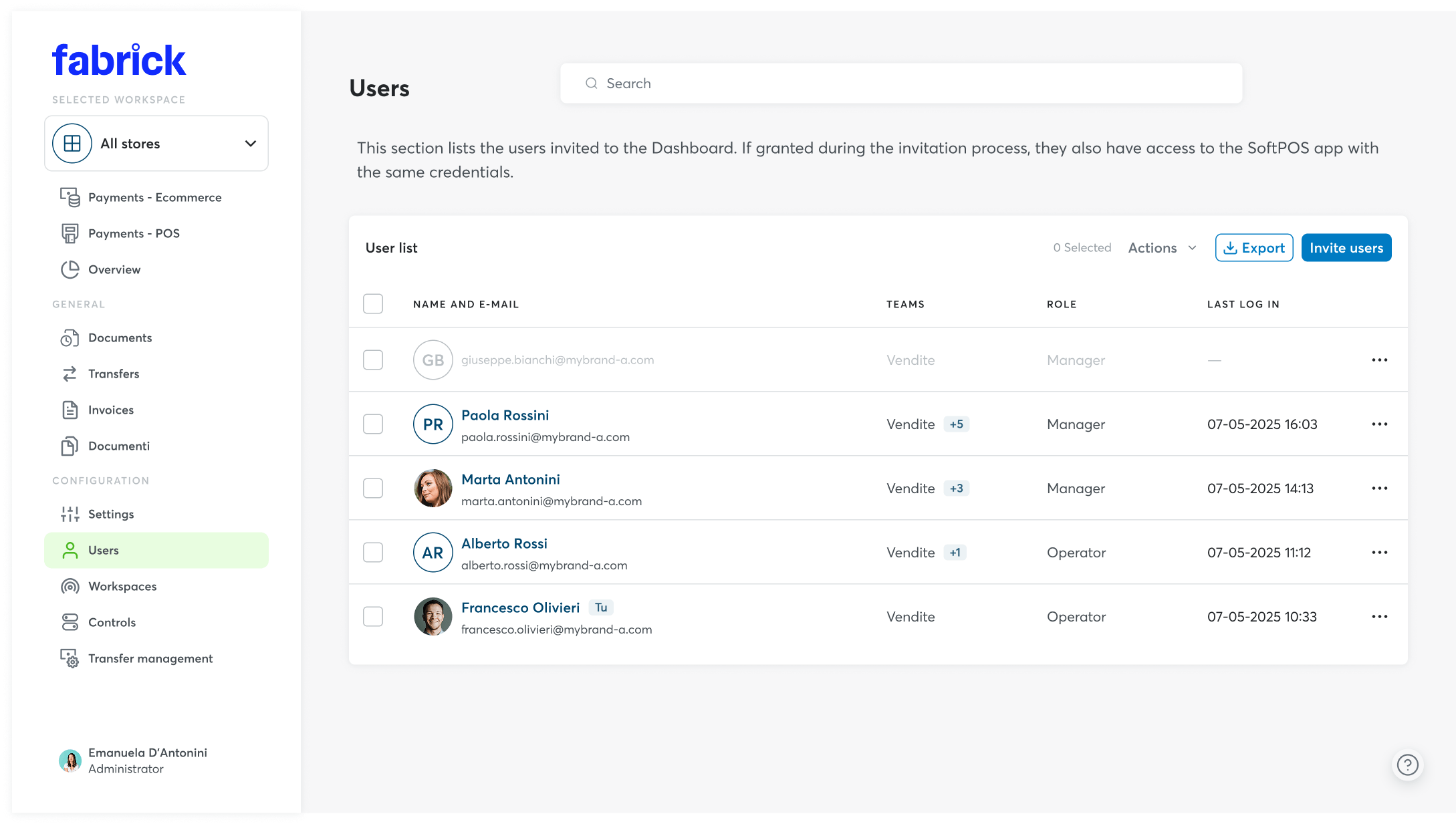 User section of the Dashboard