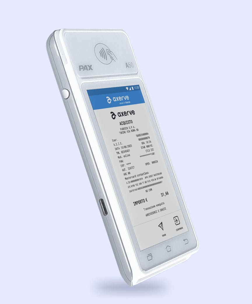 POS PAX A50 con vista della schermata della ricevuta digitale