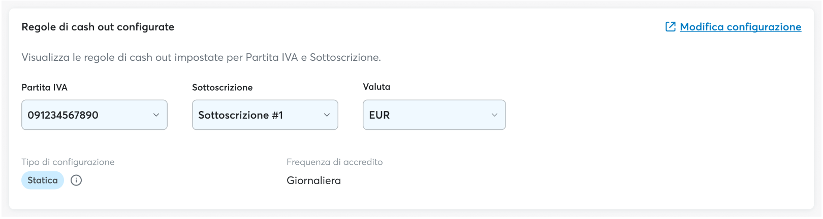 Screenshot di esempio del box "Regole di cash out configurate"