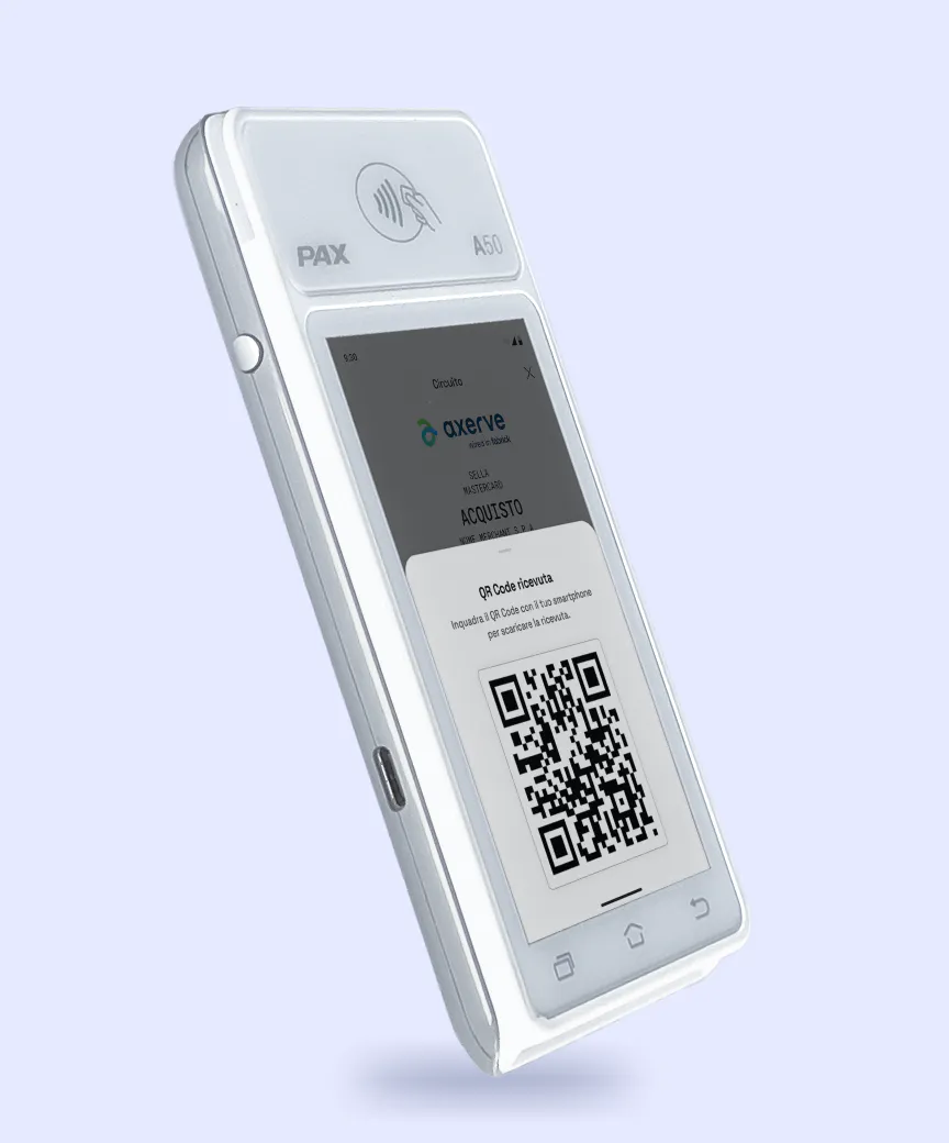 POS PAX A50 con vista della schermata della ricevuta digitale