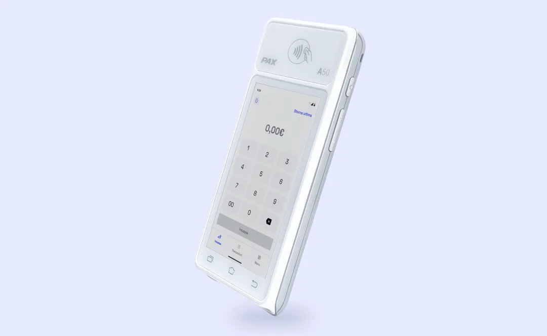 POS PAX A50 con vista della schermata di pagamento