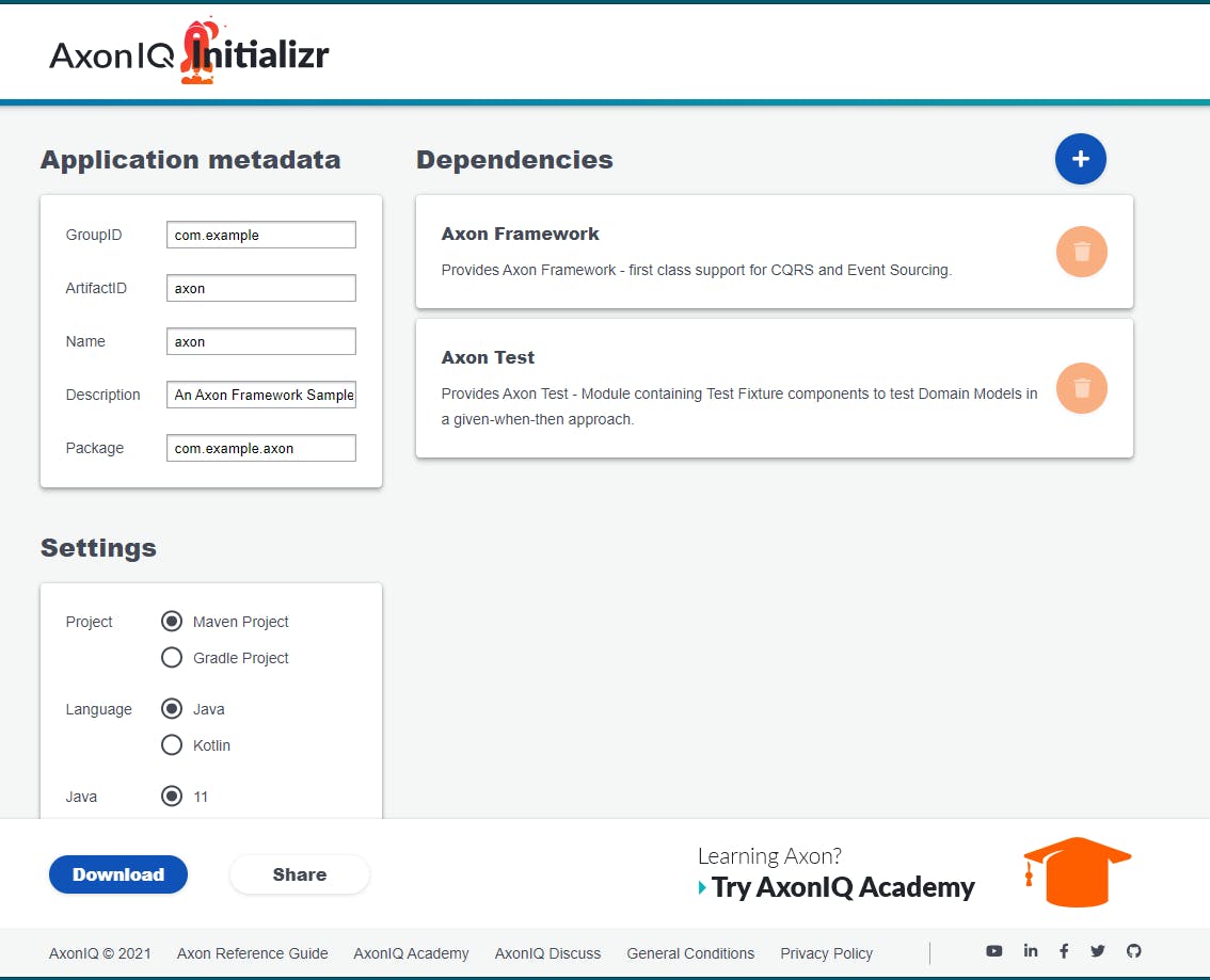 A Screenshot of the initial page of AxonIQ Initializr. It shows three areas, one labelled "Application metadata" to introduce the project coordinates (groupId, ArtifactId, name, Description and main package). A second area is to configure the project settings like the building tool (maven or gradle), language (java or kotlin) and version. The third area is to specify the dependencies. In the footer, there are two buttons: one to download the project, an another one to share the project.