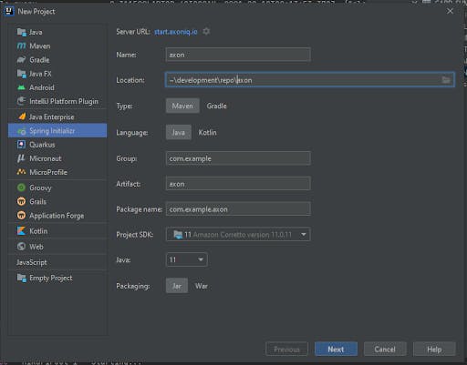An Screenshot of IntelliJ Idea's New Project dialog box where you can configure the Use of AxonIQInitializr