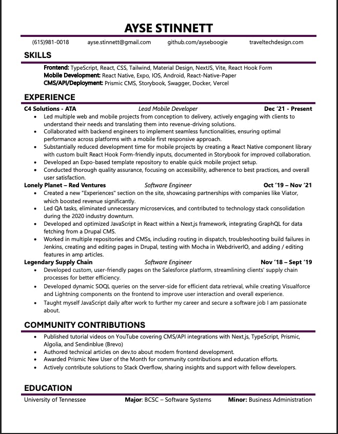 Ayse Stinnett's Resume