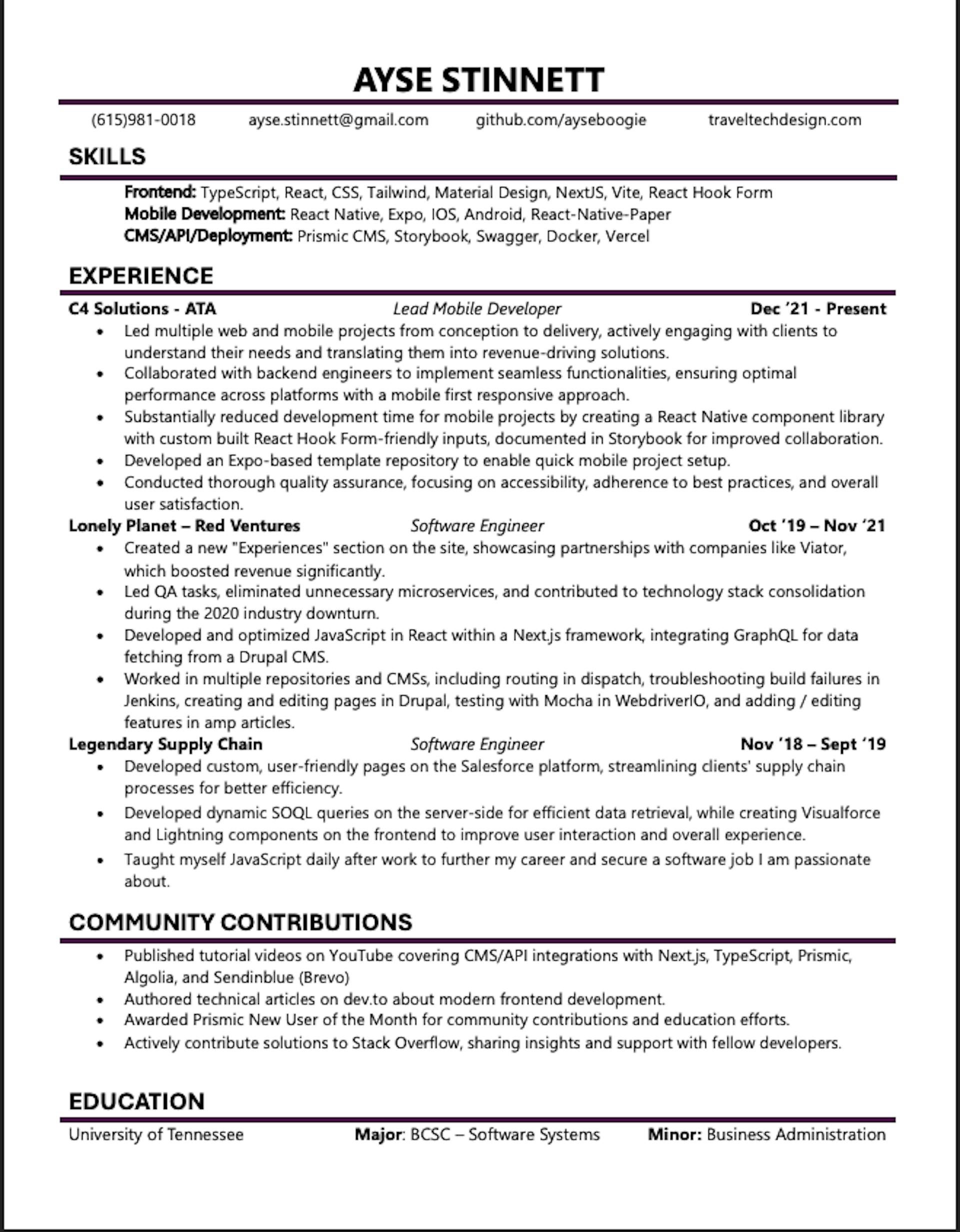 Ayse Stinnett's Resume