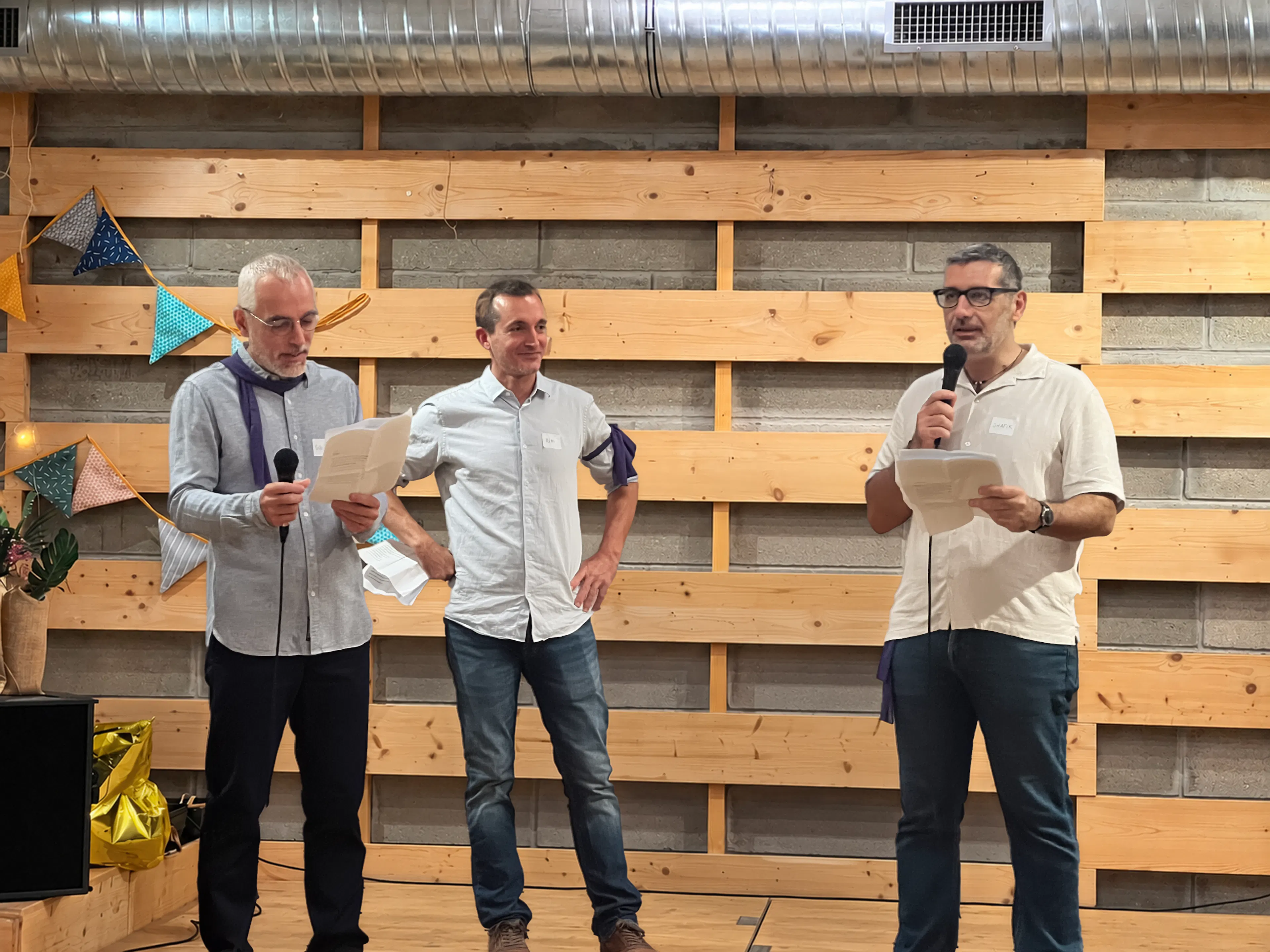 Les trois dirigeants d'Etiquettable faisant leurs discours pour les 20 ans d'Eco2Initiative