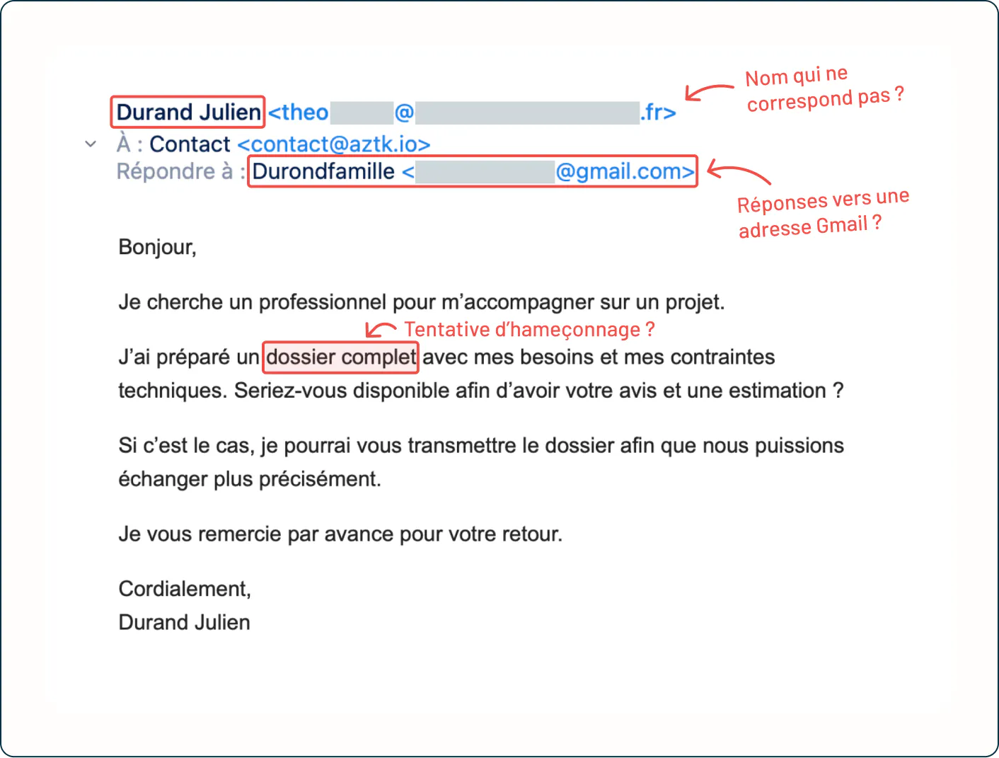 Capture d'écran de l'email suspect