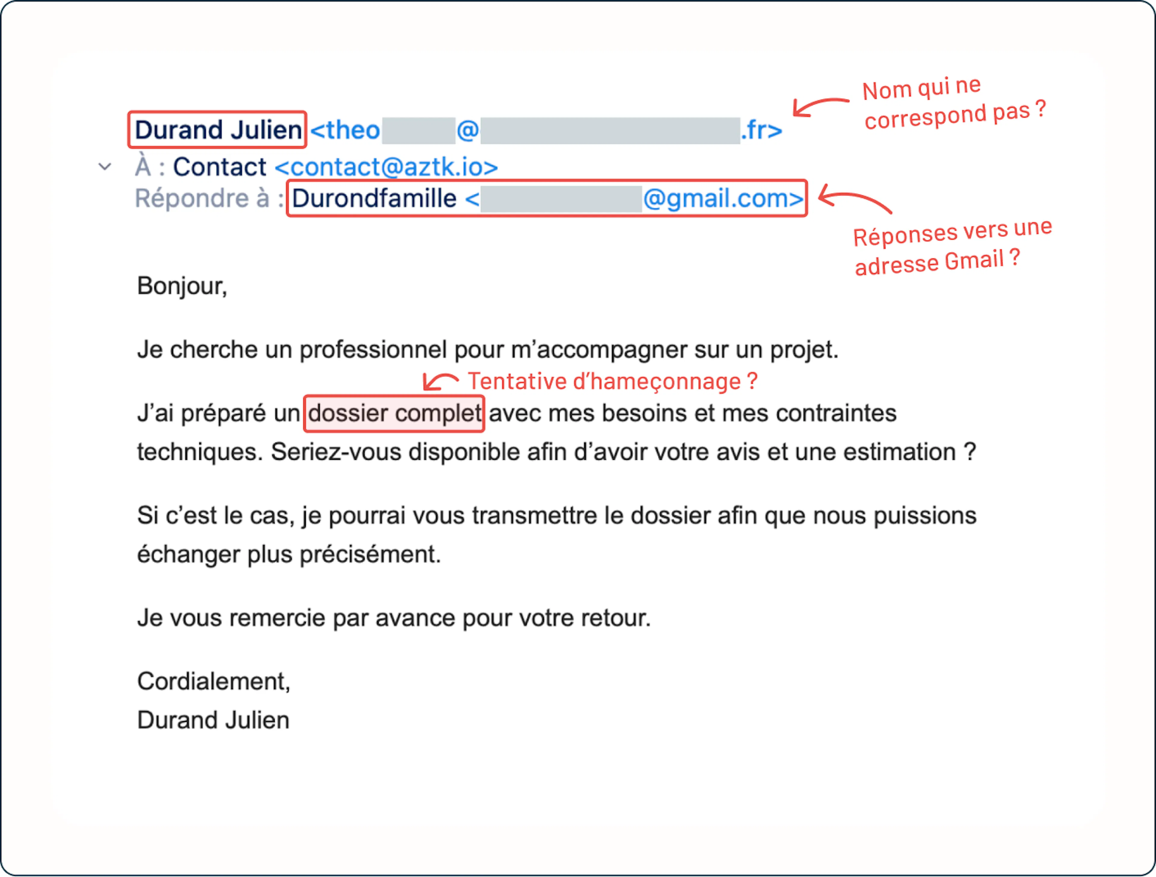 Capture d'écran de l'email suspect 