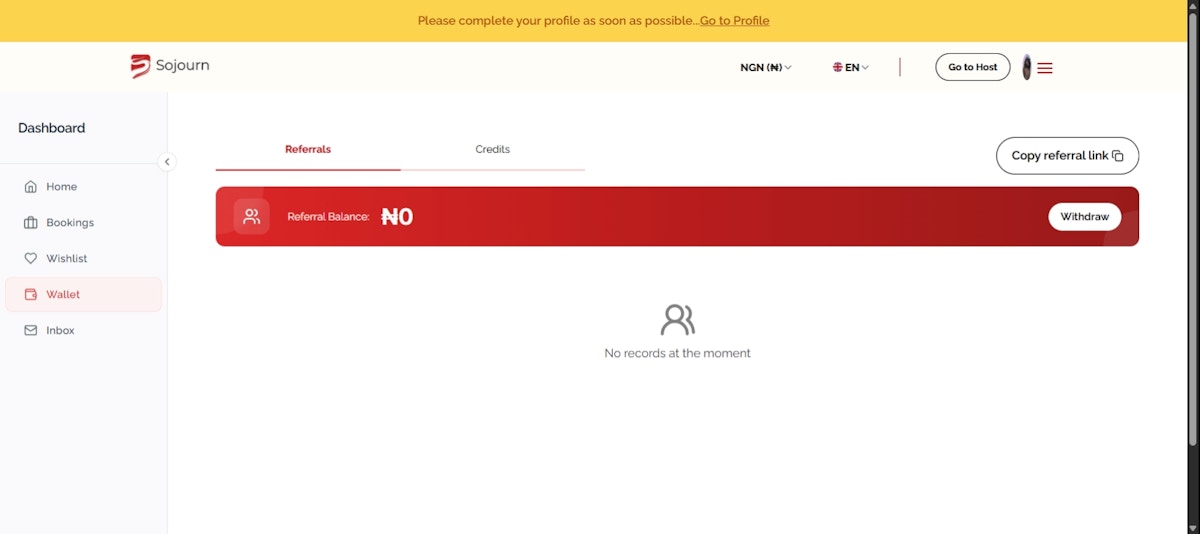 This is my user dashboard on sojourn.ng