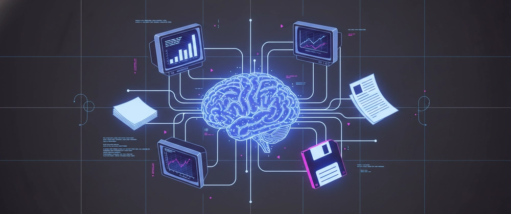 Digital brain illustration connected to computer screens, documents, and a floppy disk symbolizing data exchange.