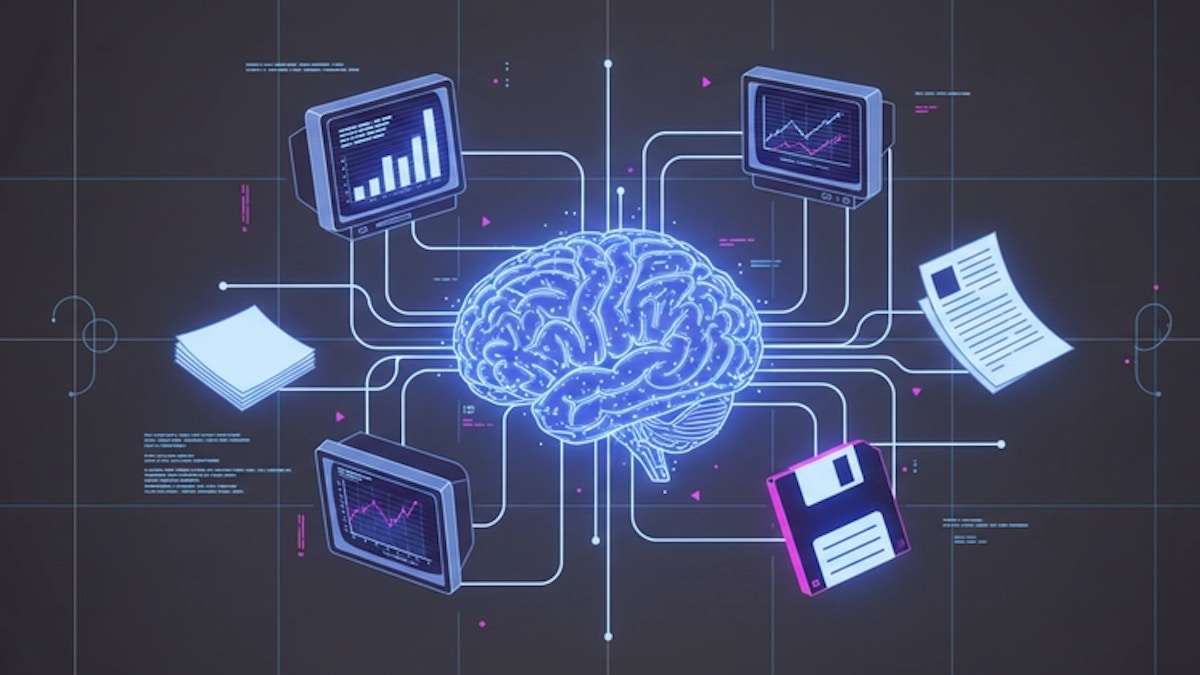 Digital brain illustration connected to computer screens, documents, and a floppy disk symbolizing data exchange.