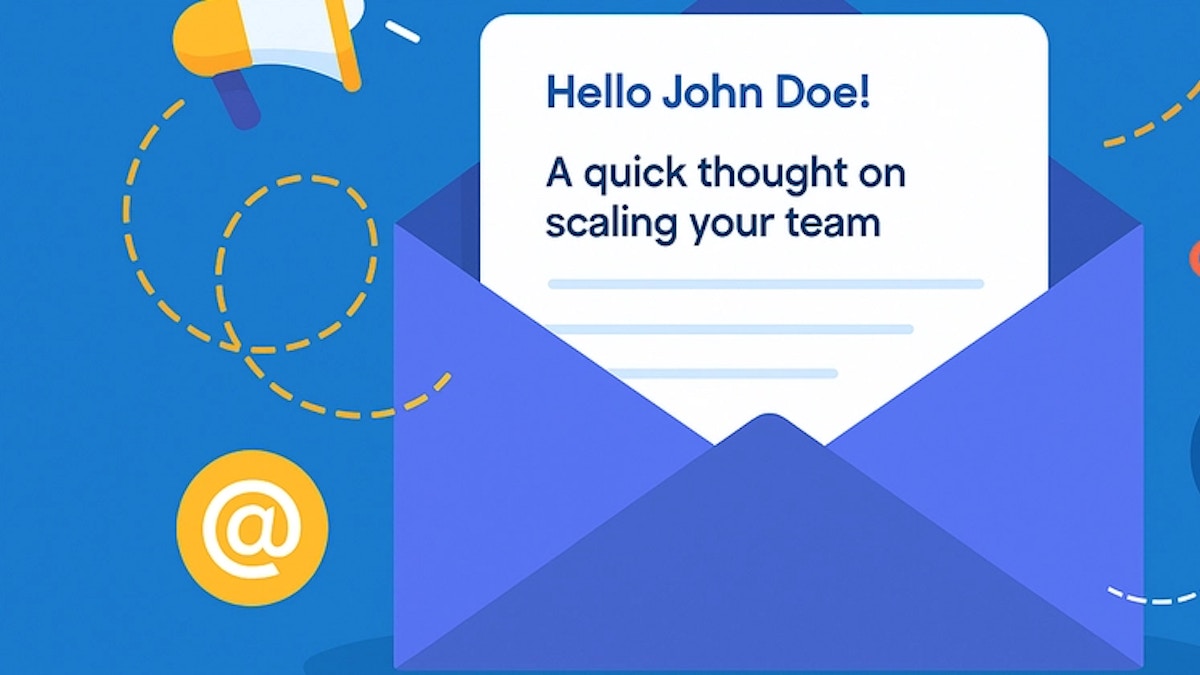 Open a blue envelope with a letter titled "Scaling Your Team" and Surrounding Communication Icons on a blue background.