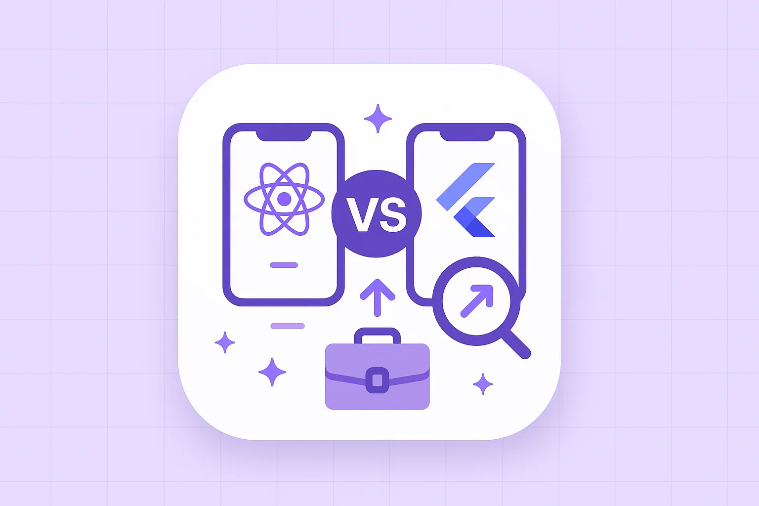 Split-screen illustration comparing two mobile app development frameworks, showing smartphone mockups, code snippets, and business icons side by side