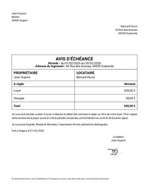 Avis D Echeance Loyer Modele Gratuit