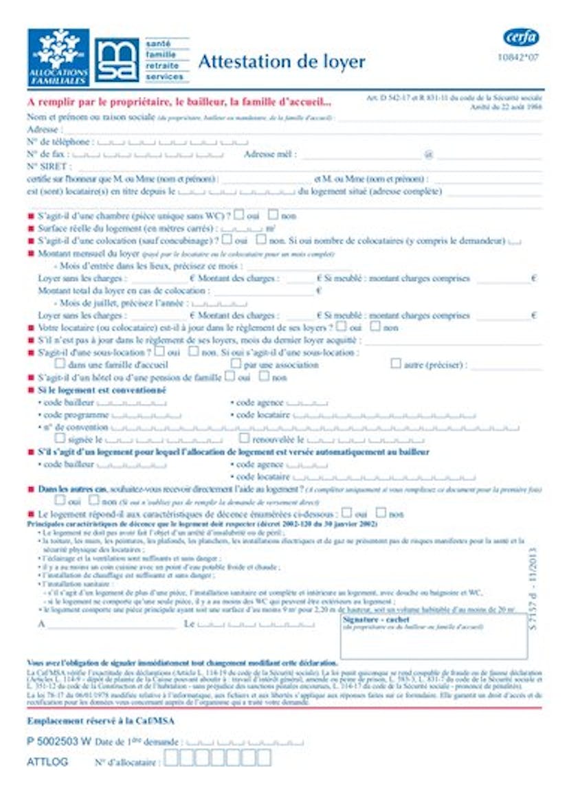 Attestation de loyer ou résidence en foyer Cerfa n° 10842*07