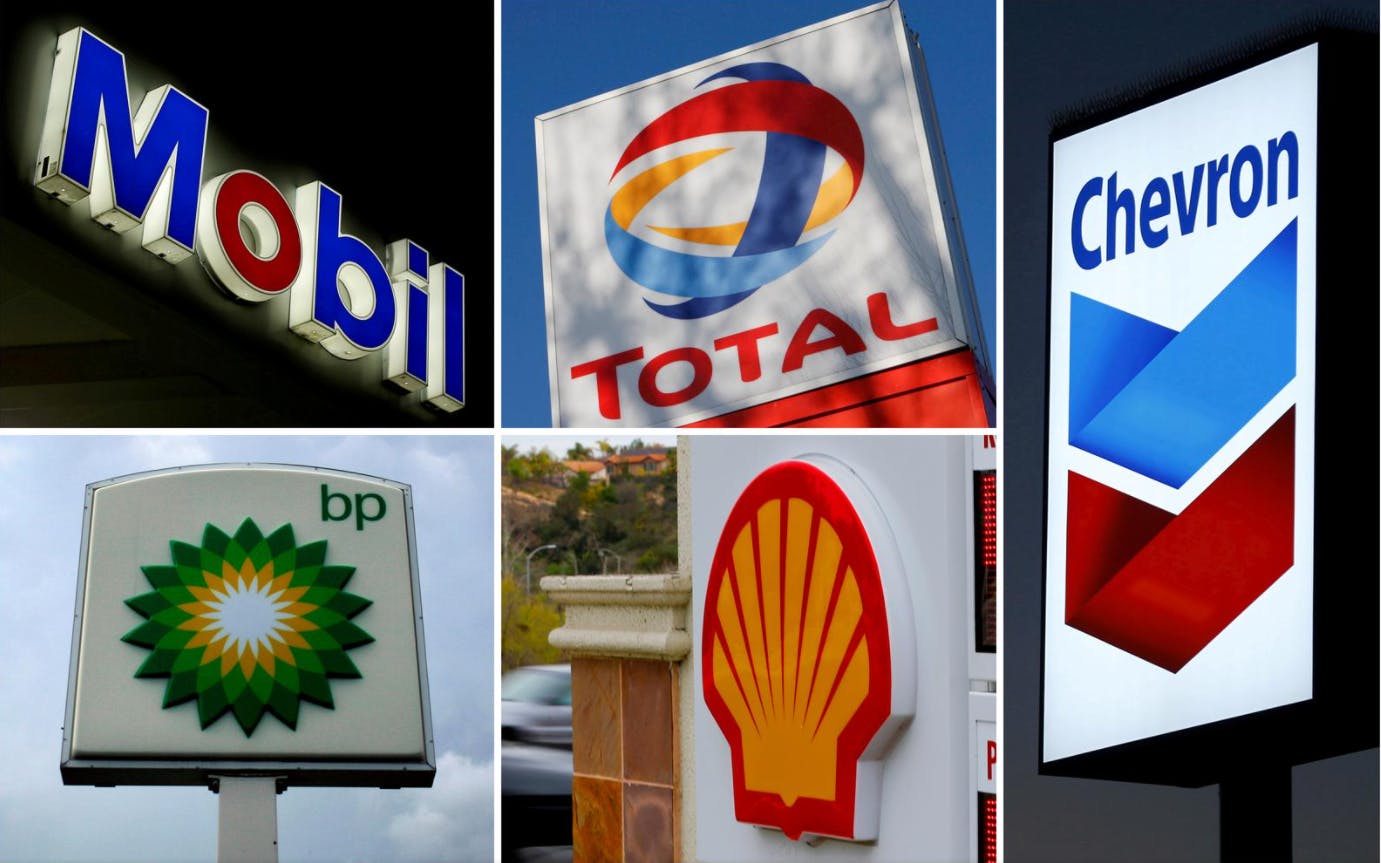 oil company logos ExxonMobil, Total, Chevron, BP, Shell