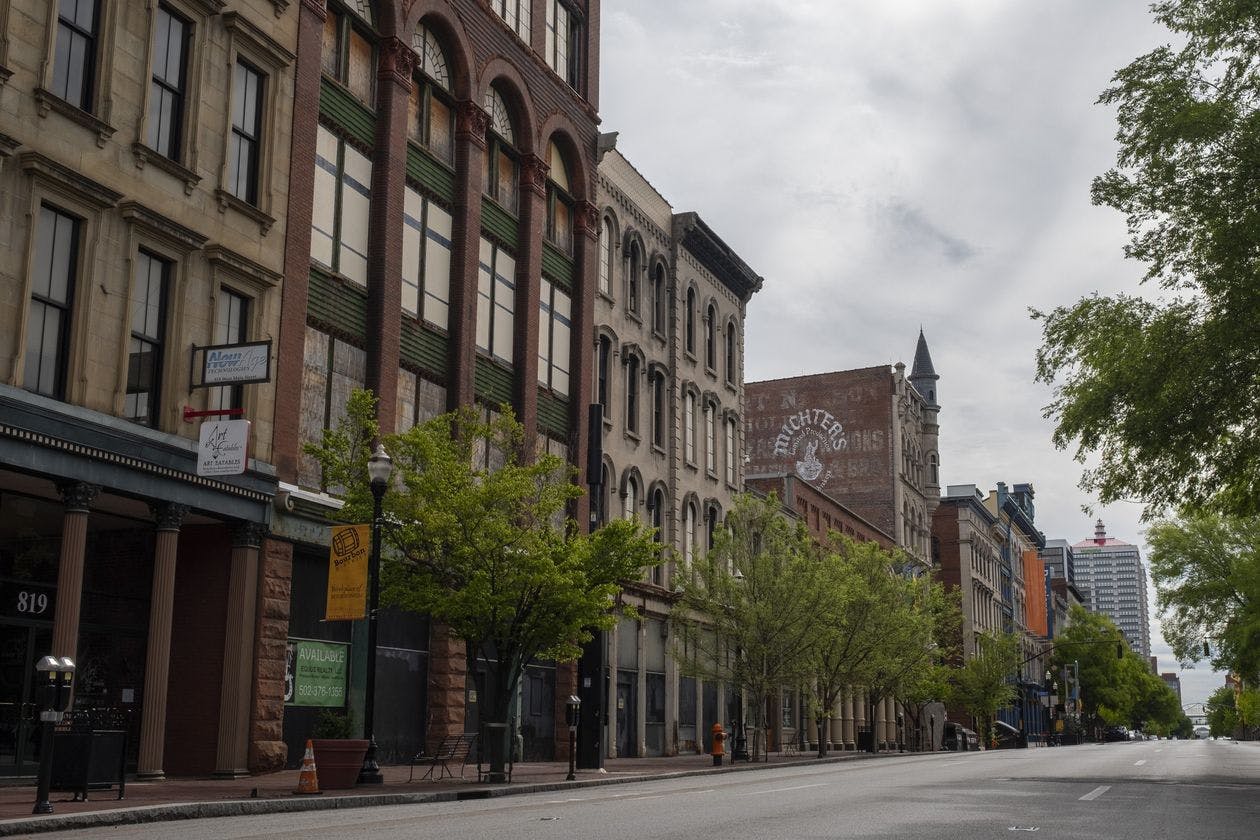 Main Street stands empty amid the Covid-19 pandemic in downtown Louisville, Ky., April 25.
