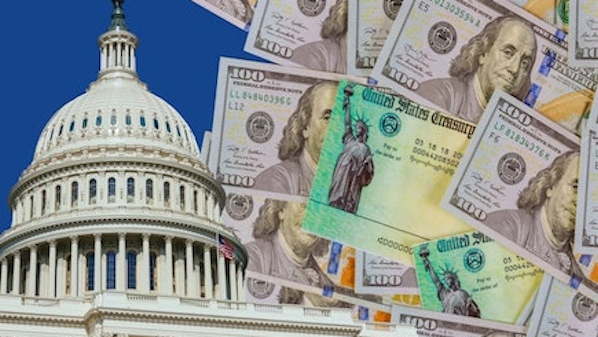 Illustration of hundred-dollar bills and the dome of the U.S. Capitol building.