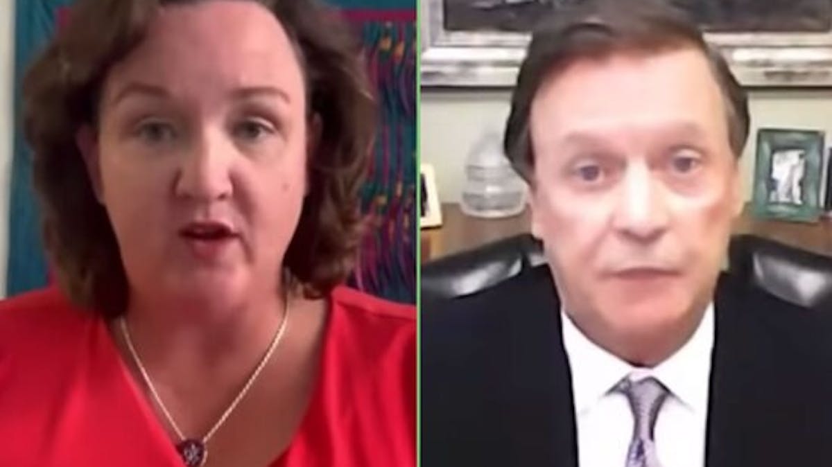 Split-screen image of Representative Katie Porter speaking and oil executive Mike Murphy looking befuddled and defeated