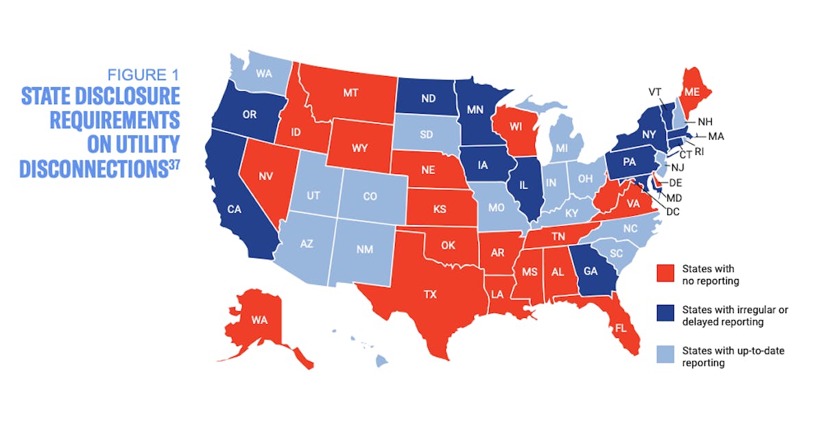 A map of of the United States showing state disclosure requirements on utility disconnections. The map highlights which states have no reporting requirements, states with delayed or irregular reporting, and states with up to date reporting.