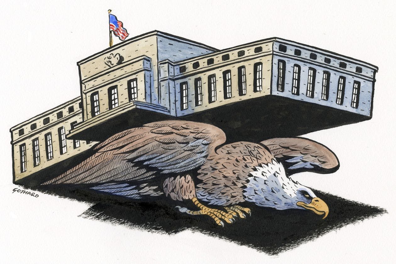 Cartoon of eagle carrying Federal Reserve building on its back