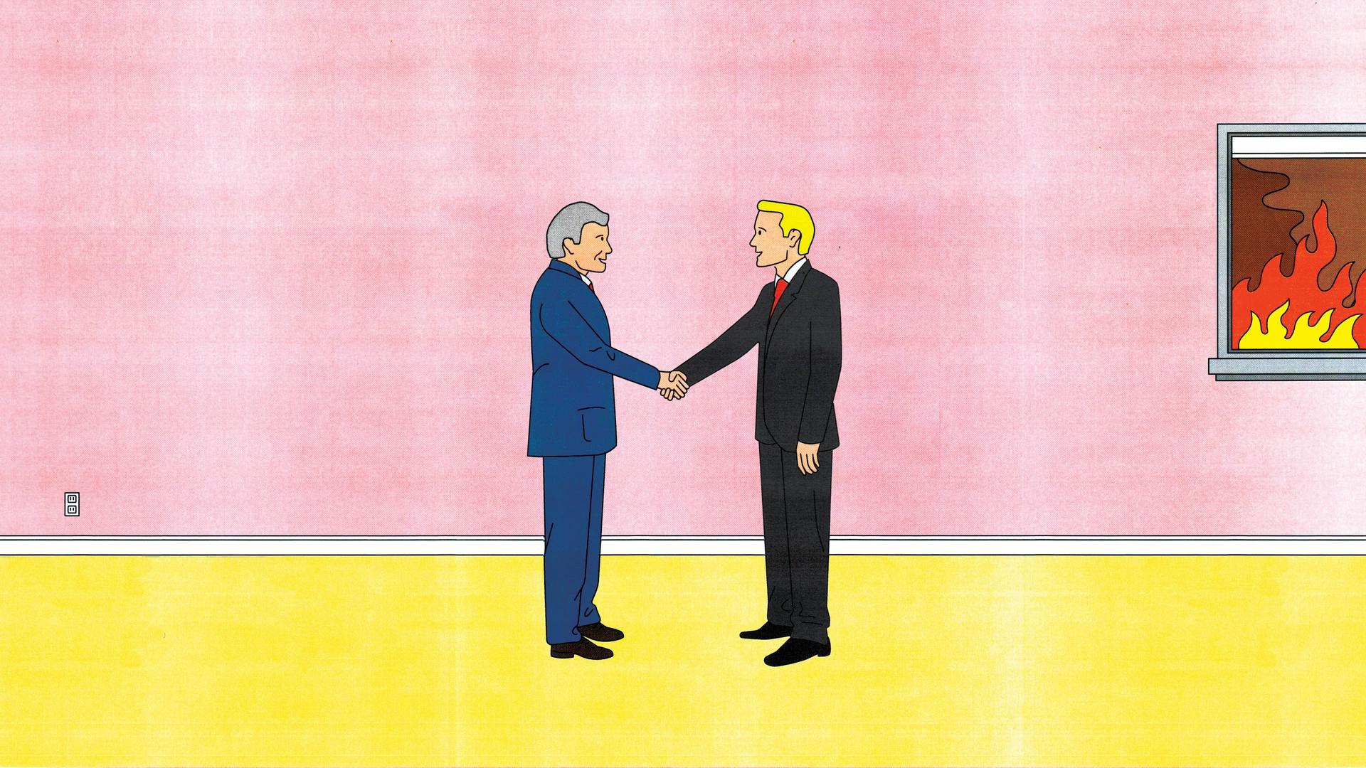Two men shake hands in front of a pink wall