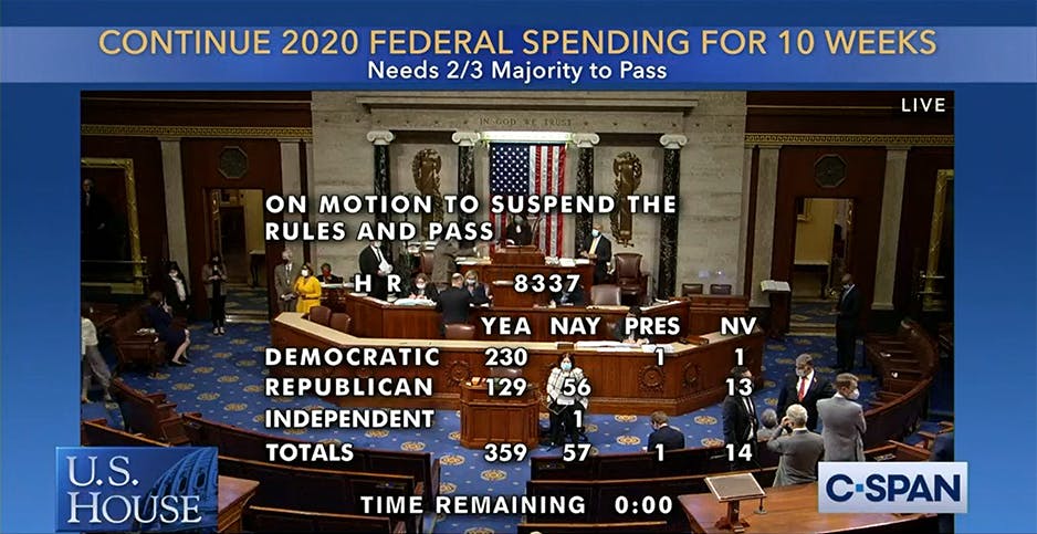 The House last night approved a continuing resolution on spending into December. 