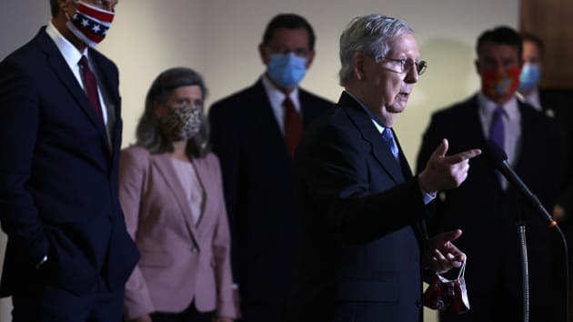 Senate Majority Leader Sen. Mitch McConnell (R-KY) speaks to members of the press after a weekly Senate Republican Policy Luncheon at Hart Senate Office Building August 4, 2020 on Capitol Hill in Washington, DC.