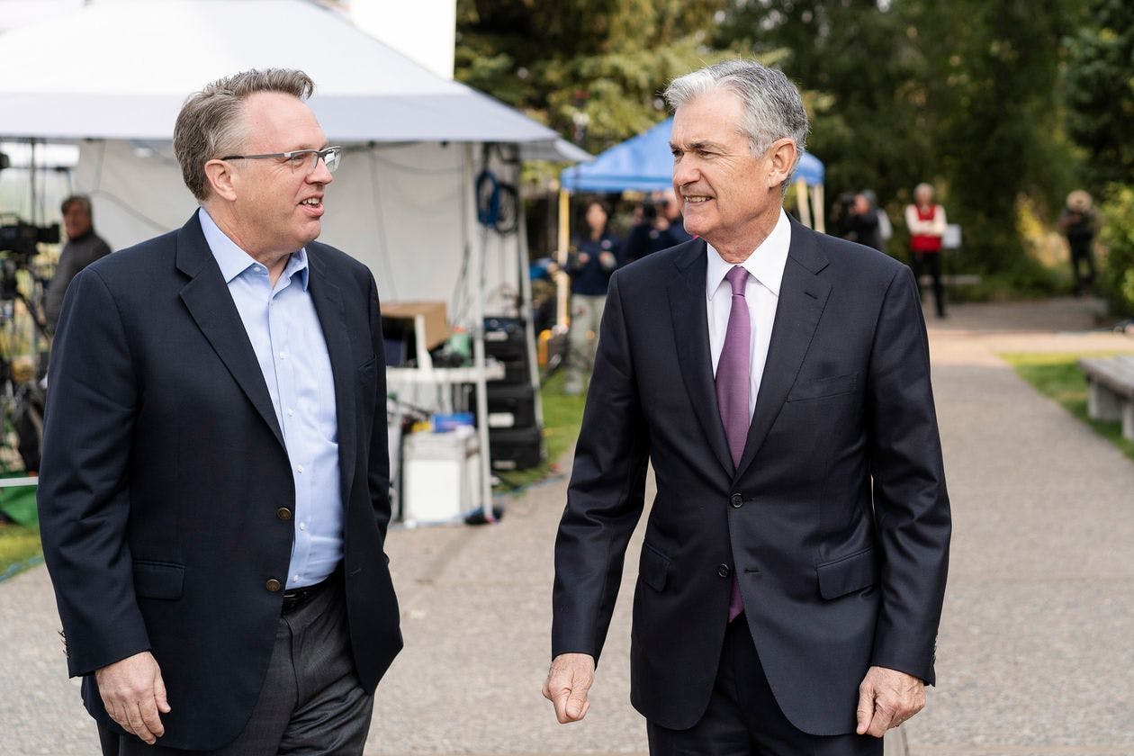 John Williams, left, president of the Federal Reserve Bank of New York, left, and Jerome Powell, chairman of the board of governors of the Federal Reserve System, right, at the Jackson Hole Economic Policy Symposium in August.