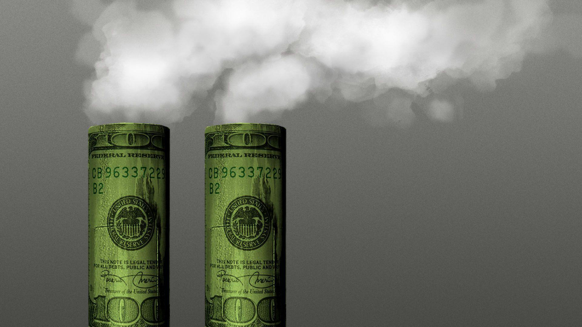Cartoon of two smokestacks made of 100-dollar bills
