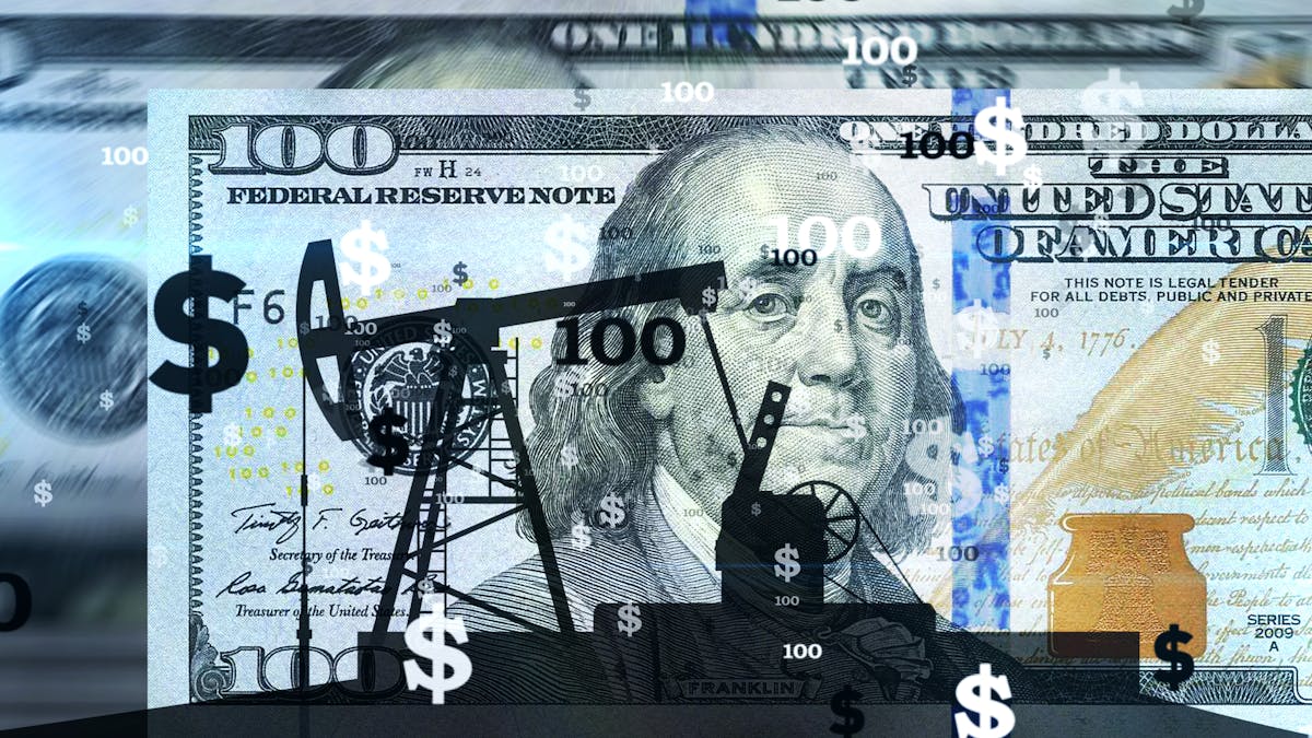 A silhouette of an oil pump with a photo of a $100 bill in the background