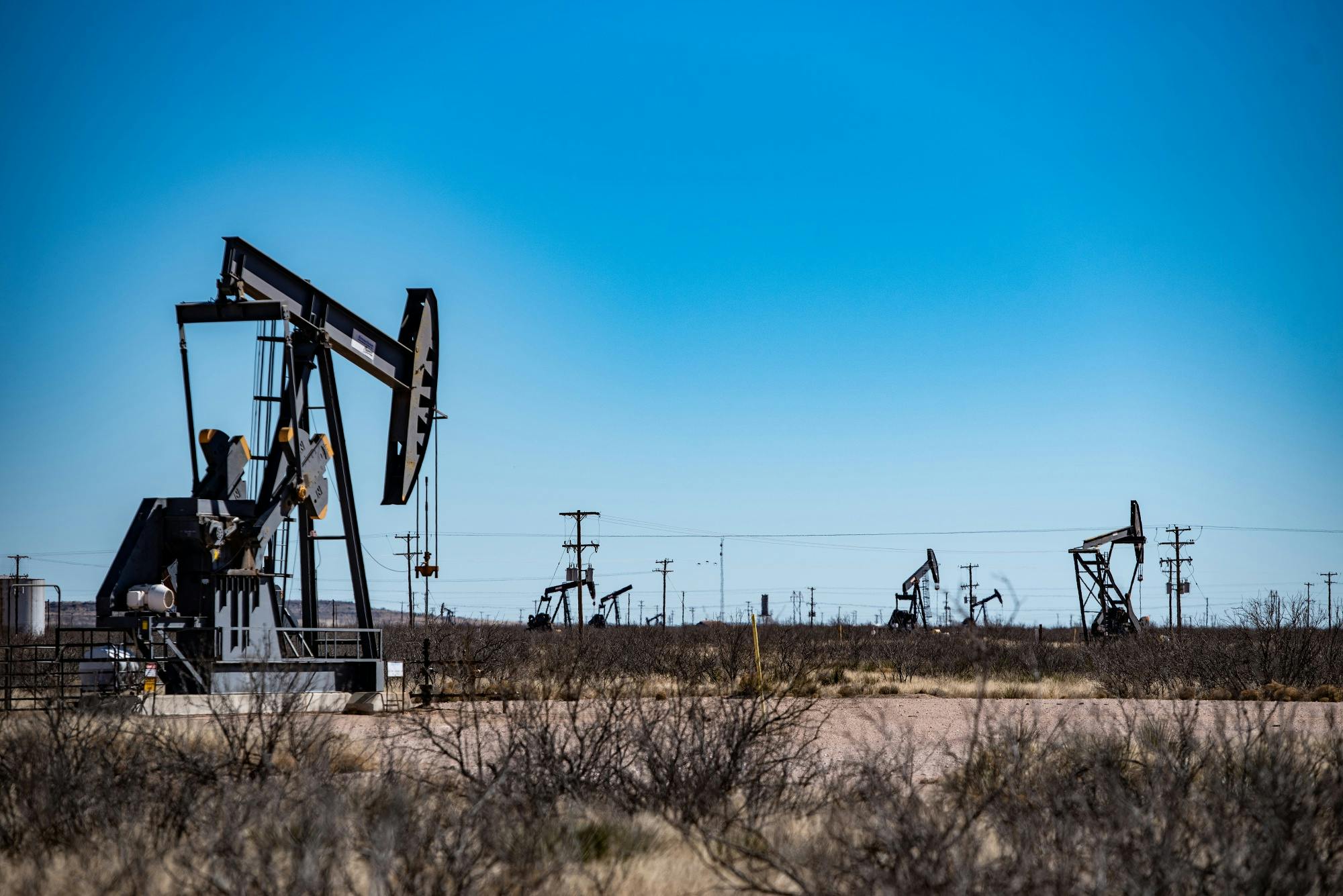 Oil pumpjacks outside Odessa, Texas. 