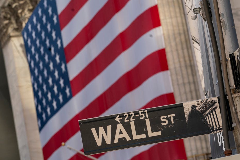Wall Street sign American flag