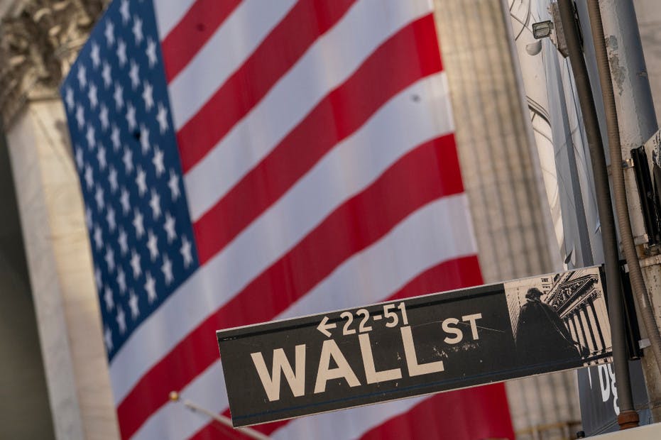 Wall St sign American flag New York