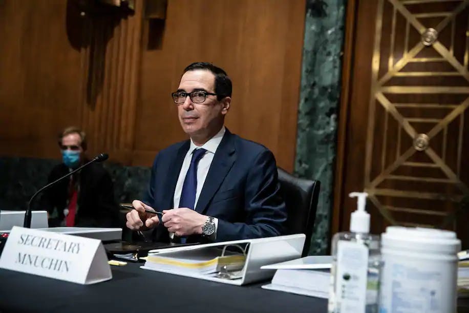 Treasury Secretary Steven Mnuchin arrives to testify at a Congressional Oversight Commission hearing on Capitol Hill on Thursday.