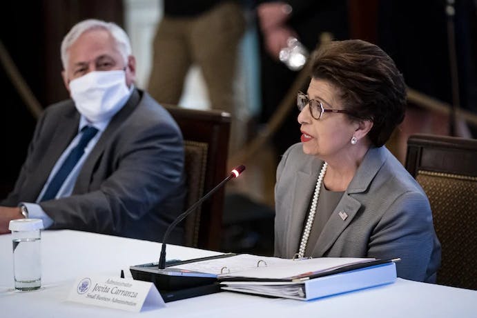 Jovita Carranza, head of the Small Business Administration, speaks during an American Workforce Policy Advisory Board meeting at the White House. 