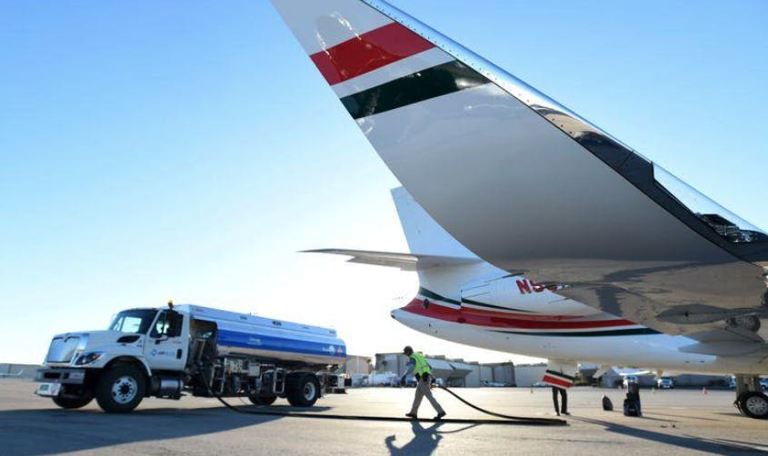 A business jet is refuelled using Jet A fuel at the Henderson Executive Airport during the National Business Aviation Association (NBAA) exhibition in Las Vegas, Nevada, U.S. October 21, 2019.