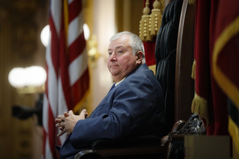 Republican Ohio state Rep. Larry Householder sits at the head of a legislative session as Speaker of the House, in Columbus, Ohio, Wednesday, Oct. 30, 2019. Householder, who is accused in a $60 million federal bribery probe, was removed from his leadership position on July 30, 2020. 