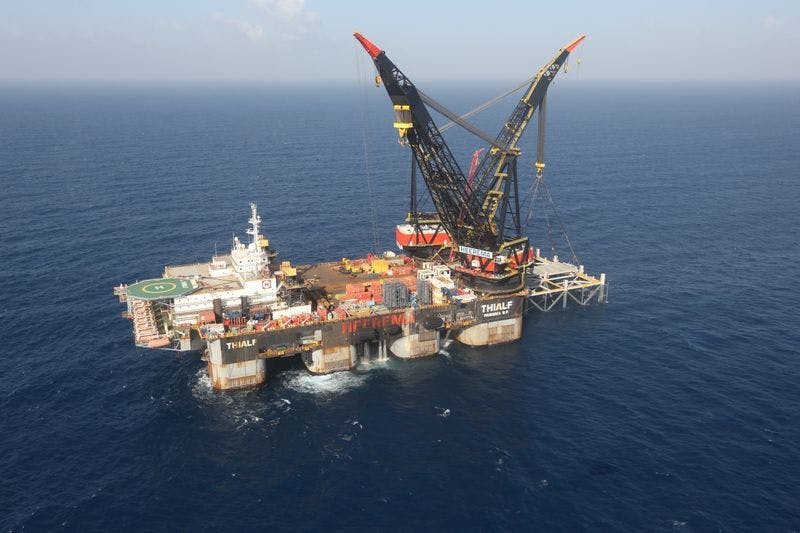 An aerial view shows the newly arrived foundation platform of Leviathan natural gas field, in the Mediterranean Sea, off the coast of Haifa, Israel