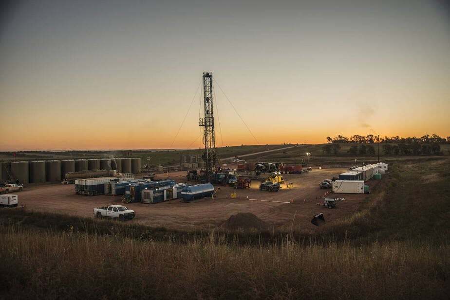 Activity at a Bakken oil well pad south of Watford City, North Dakota.