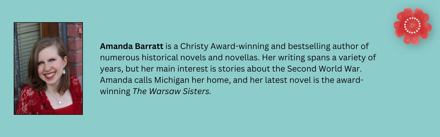 Amanda Barratt is a Christy Award-winning and bestselling author of numerous historical novels and novellas. Her writing spans a variety of years, but her main interest is stories about the Second World War. Amanda calls Michigan her home, and her latest novel is the award-winning The Warsaw Sisters.