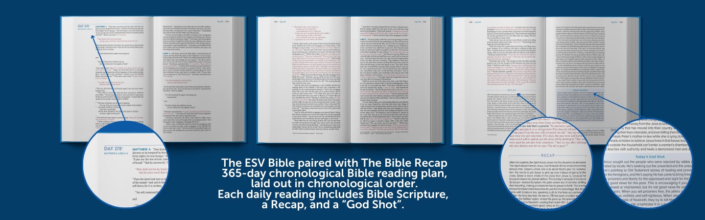 The ESV Bible paired with The Bible Recap 365-day chronological Bible reading plan, laid out in chronological order. Each daily reading includes Bible Scripture, a Recap, and a "God Shot".