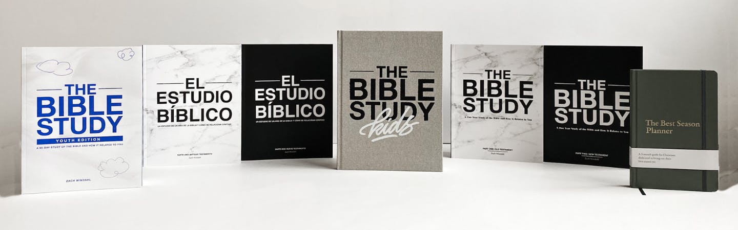 Lineup of all The Brand Sunday products, featuring "The Bible Study" in a variety of different formats and languages.