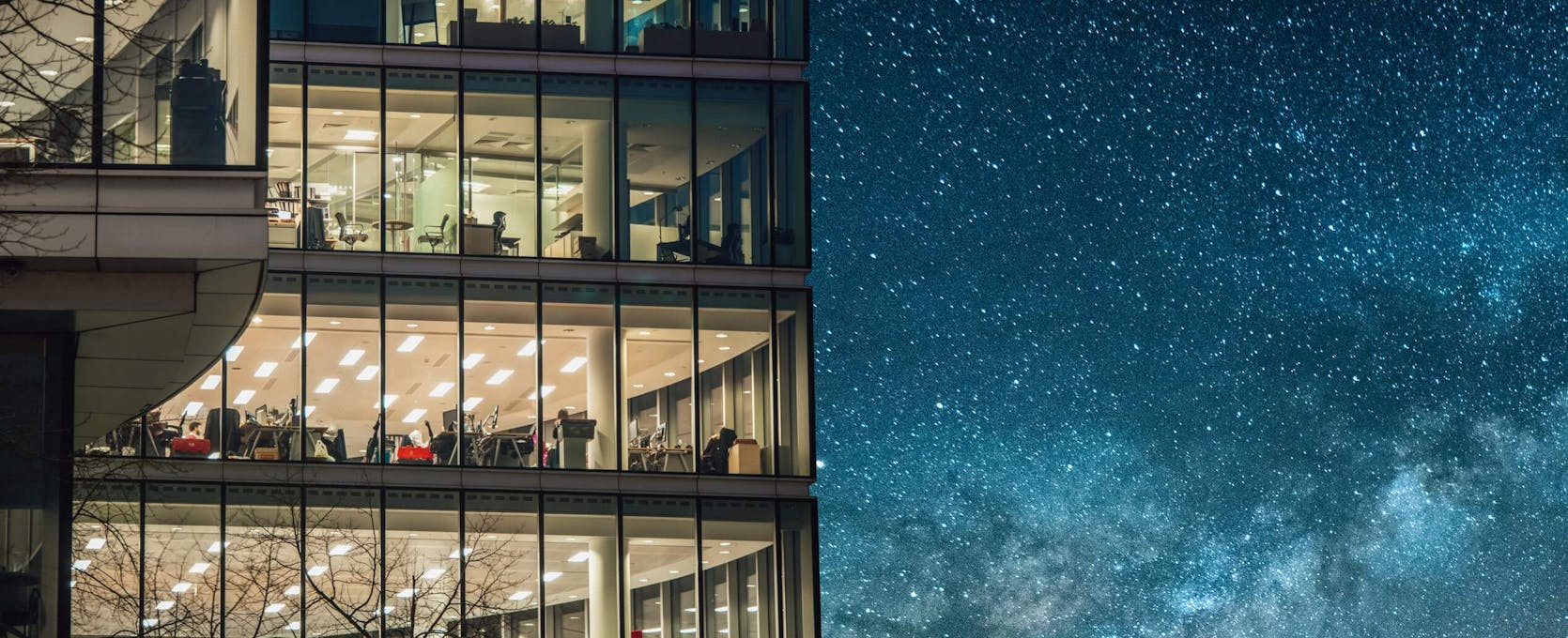 Office building and a star-filled sky