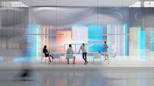 people strategizing at a desk futuristic 